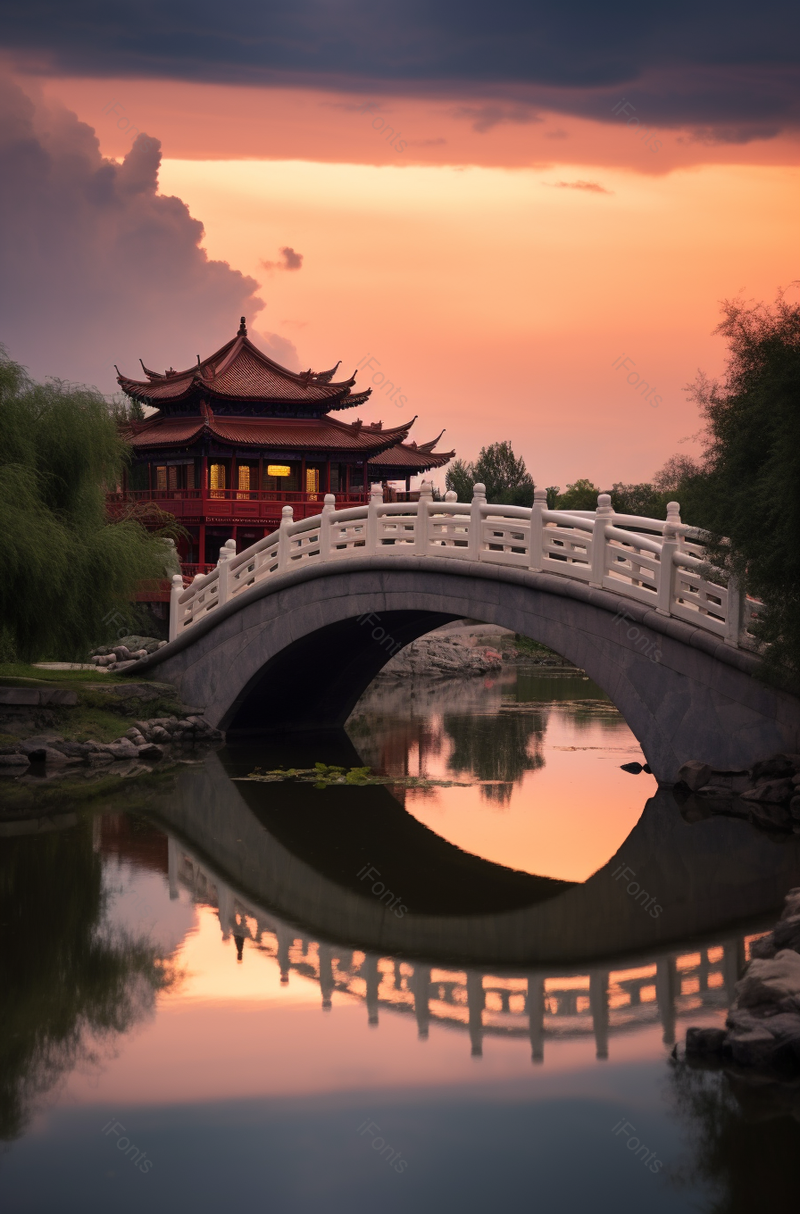 晚霞古寺拱桥古建湿地湖面,高清,摄影图,摄影图片,图片大全,摄影图免费下载
